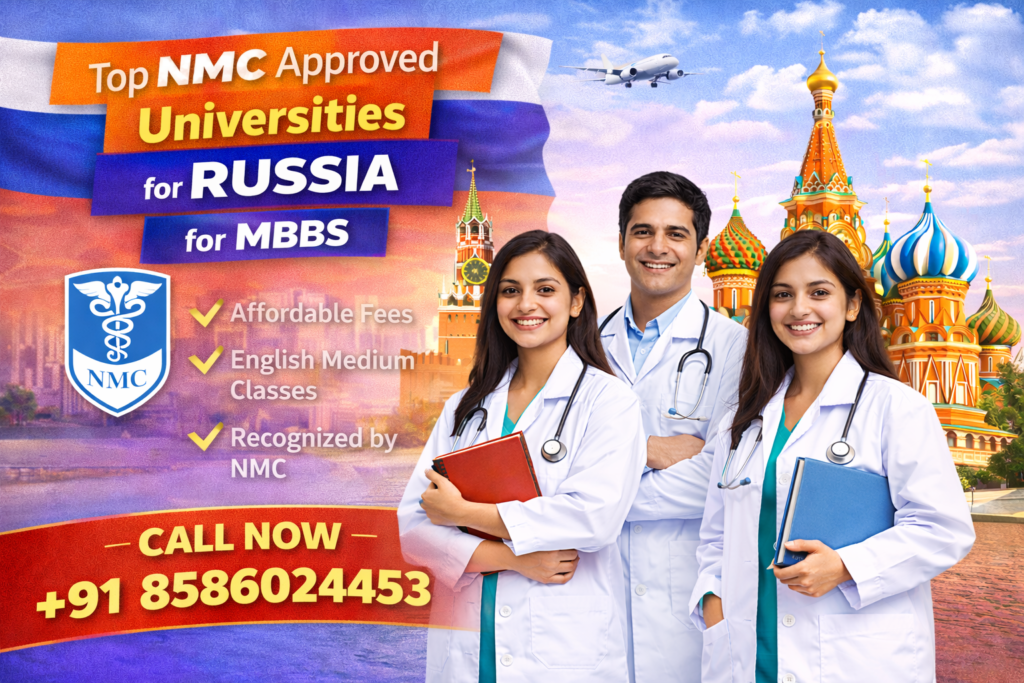 Banner for top NMC approved universities in Russia for MBBS featuring medical students, Russian landmarks, and contact number +91 8586024453.