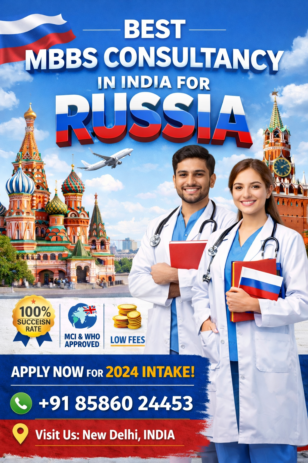 Promotional banner for Best MBBS Consultancy in India for Russia featuring two smiling doctors, Russian landmarks, airplane graphic, and highlights like 100% success rate, MCI & WHO approved universities, low fees, and contact number for admission enquiry.
