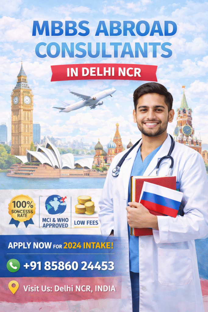 Promotional banner for MBBS Abroad Consultants in Delhi NCR featuring a smiling male medical student, global landmarks background, airplane graphic, and highlights like low fees, MCI & WHO approved universities, and admission guidance.