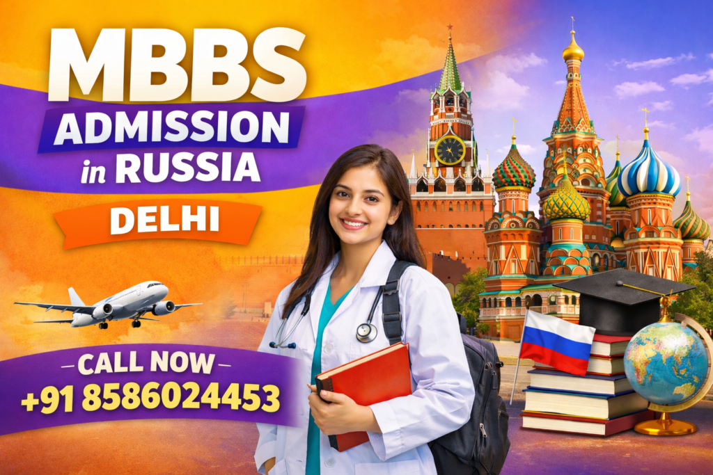 Bright orange and purple themed banner for MBBS admission in Russia from Delhi showing a female medical student, Russian landmarks, and contact number +91 8586024453.