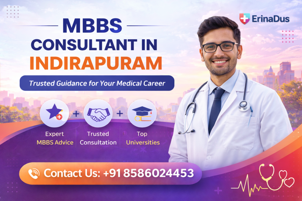 Male doctor in white coat with stethoscope featured in a promotional banner for MBBS consultant services in Indirapuram with guidance highlights and contact details.