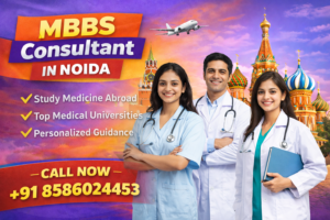 Colorful promotional banner for MBBS consultant in Noida featuring three doctors, Russian landmarks, and services like study abroad guidance with contact number +91 8586024453.