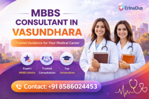 Two female medical students in white lab coats featured in a promotional banner for MBBS consultant services in Vasundhara with contact information and educational guidance highlights.