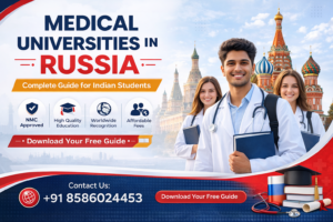 Medical students in white coats with Russian landmarks in the background promoting Medical Universities in Russia complete guide for Indian students with contact information.