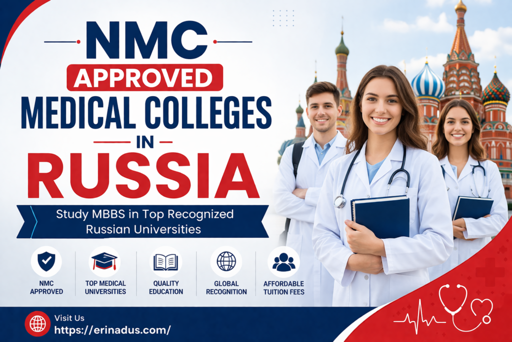 Students in white medical coats standing in front of Russian landmarks with text promoting NMC Approved Medical Colleges in Russia and MBBS study opportunities.