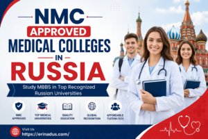 Students in white medical coats standing in front of Russian landmarks with text promoting NMC Approved Medical Colleges in Russia and MBBS study opportunities.