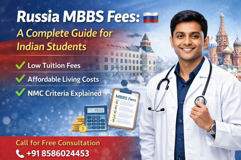 Russia MBBS fees guide for Indian students showing affordable tuition costs, living expenses and consultation contact +91 8586024453